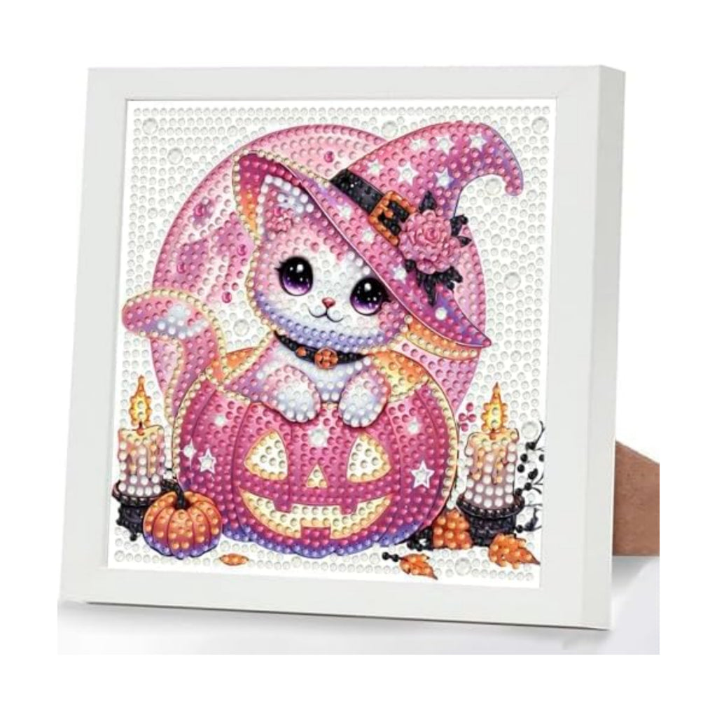 Halloween Cat Diamond Art Painting Kits for Kids with Frame, Diamond Painting Kits for Kids Ages 4-8-12, Easy Gem Arts and Crafts Gift for Girls Boys Adult Beginners Home Wall Decor(7x7inch)