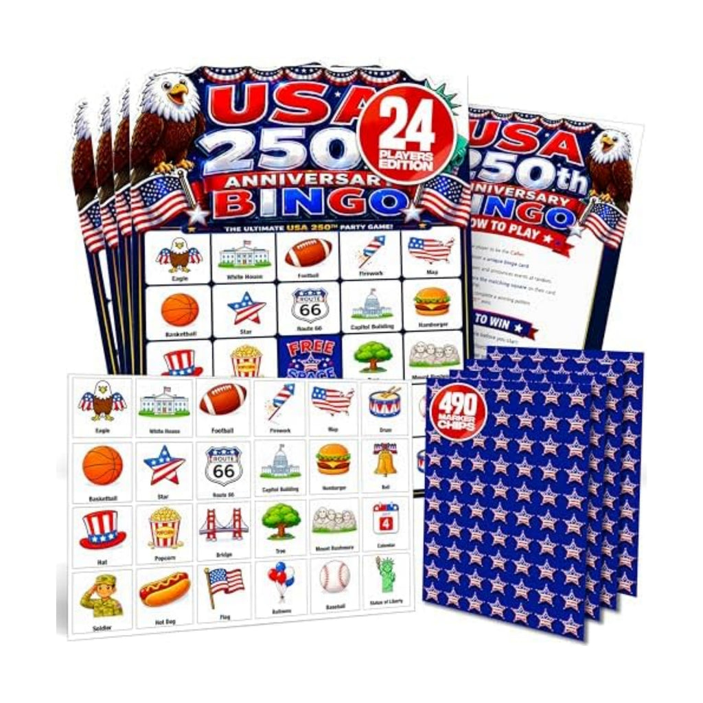 USA 250th Anniversary Historical Memorabilia Bingo Game 24 cards, 470 Chips