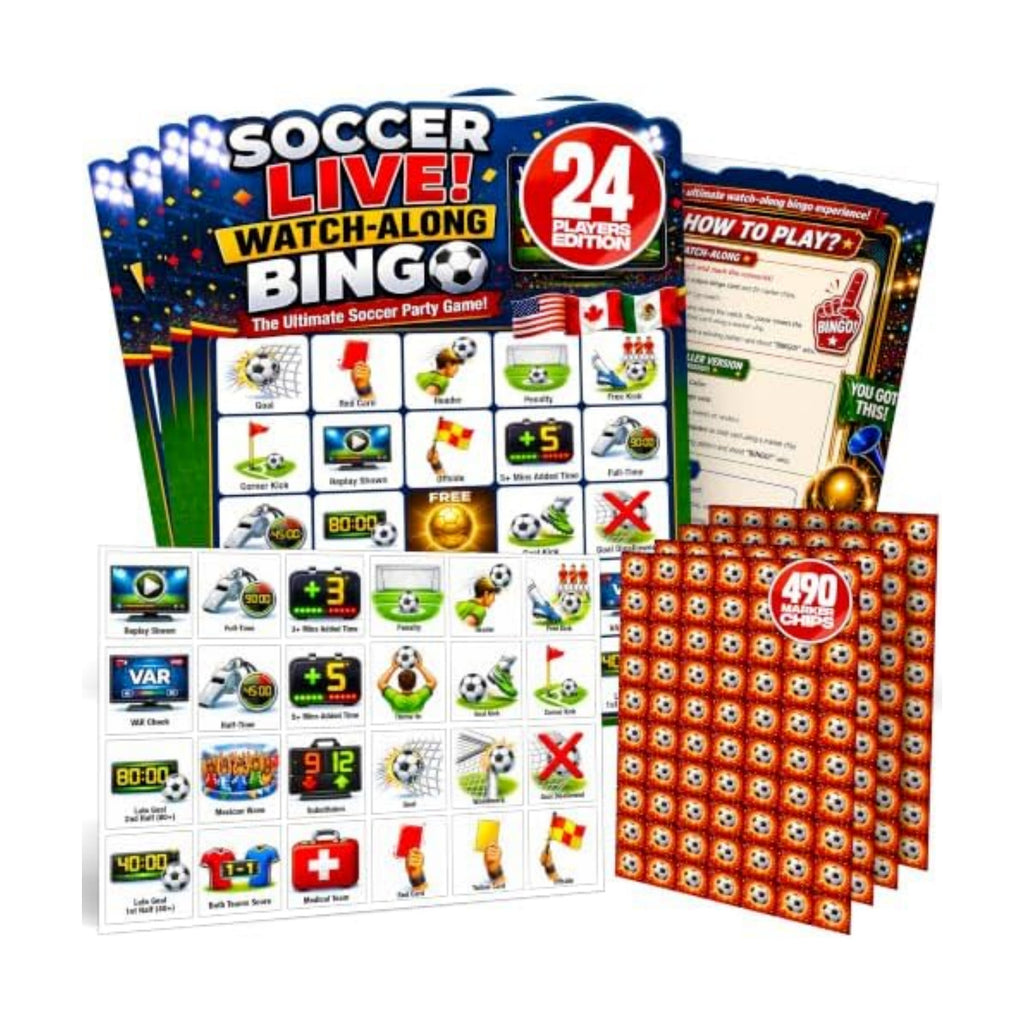 Soccer Bingo Game 24 Players - 2026 Soccer Watch Party, 470 Chips