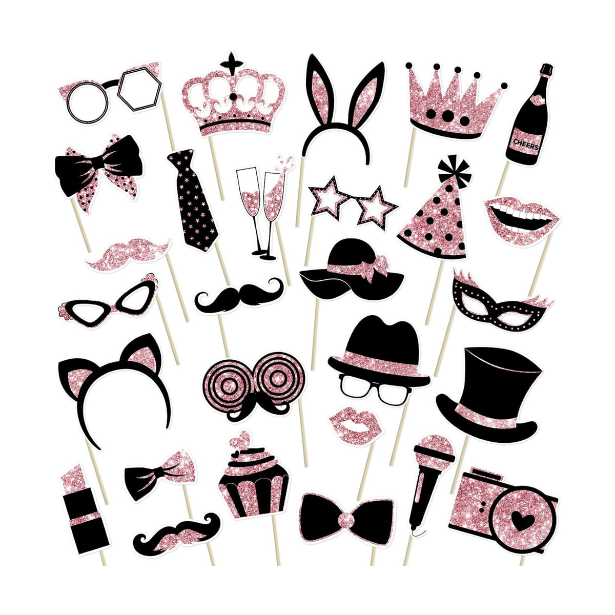 28 Pcs Photo Booth Props for Birthday, Weddings,Mardi Gras,Family Reunion,New Year,Valentines Day,Easter Decor Funny Selfie Props Masquerade Party Decorations (Rose Gold and Black)