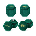Mr & Mrs Velvet Wedding Ring Box 2 Slots Cursive Hexagon Jewelry Ring Box for Wedding Day Ceremony Bridal Photography Gift Set of 2 (Emerald Green)