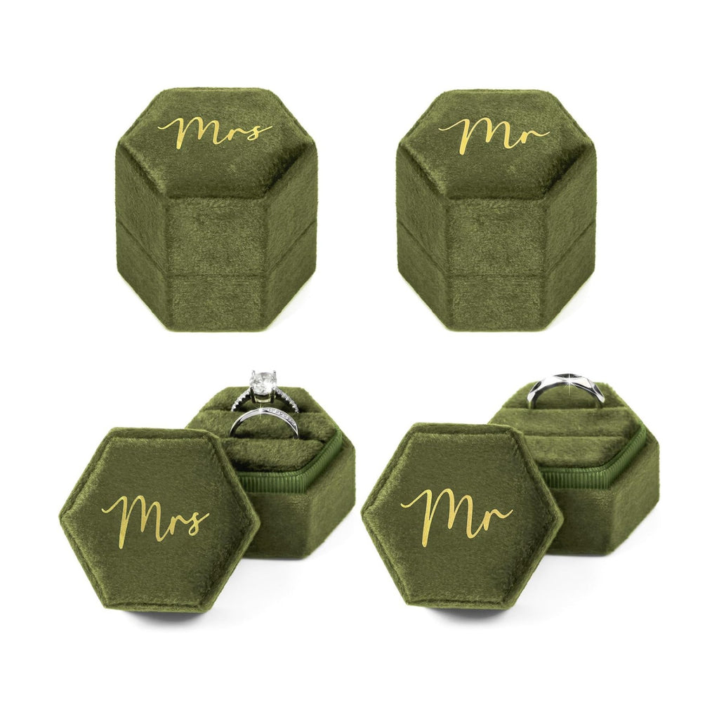 Mr & Mrs Velvet Wedding Ring Box 2 Slots Cursive Hexagon Jewelry Ring Box for Wedding Day Ceremony Bridal Photography Gift Set of 2 (Olive Green)