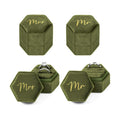 Mr & Mrs Velvet Wedding Ring Box 2 Slots Cursive Hexagon Jewelry Ring Box for Wedding Day Ceremony Bridal Photography Gift Set of 2 (Olive Green)