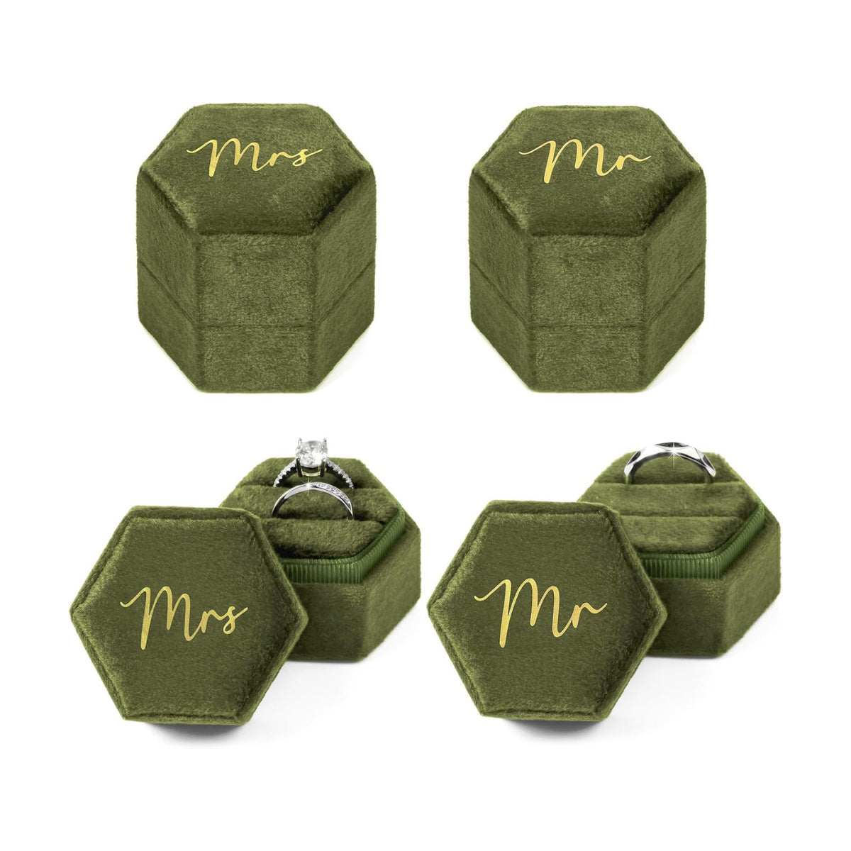 Mr & Mrs Velvet Wedding Ring Box 2 Slots Cursive Hexagon Jewelry Ring Box for Wedding Day Ceremony Bridal Photography Gift Set of 2 (Olive Green)