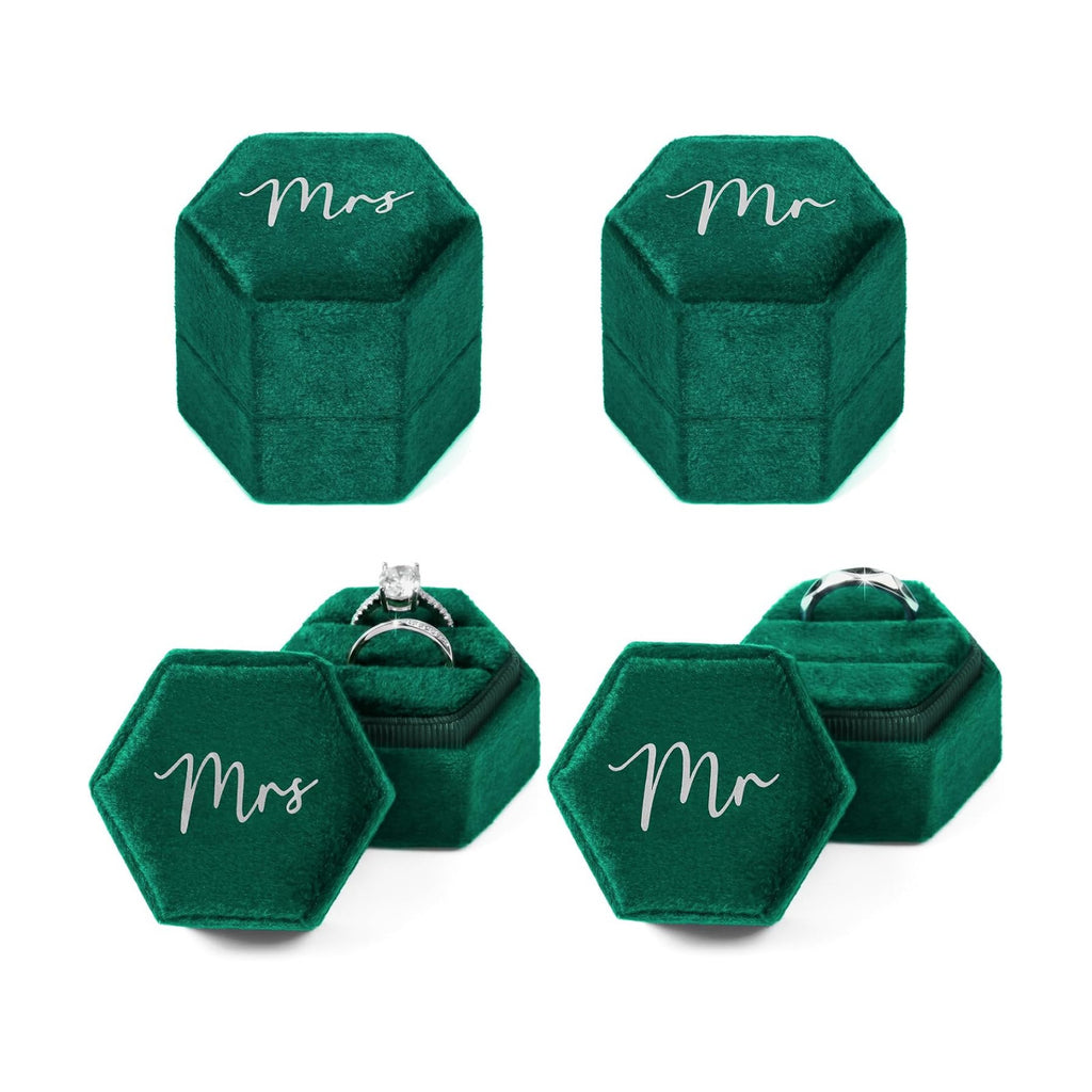 Mr & Mrs Velvet Wedding Ring Box 2 Slots Cursive Hexagon Jewelry Ring Box for Wedding Day Ceremony Bridal Photography Gift Set of 2 (Emerald Green)