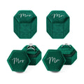 Mr & Mrs Velvet Wedding Ring Box 2 Slots Cursive Hexagon Jewelry Ring Box for Wedding Day Ceremony Bridal Photography Gift Set of 2 (Emerald Green)