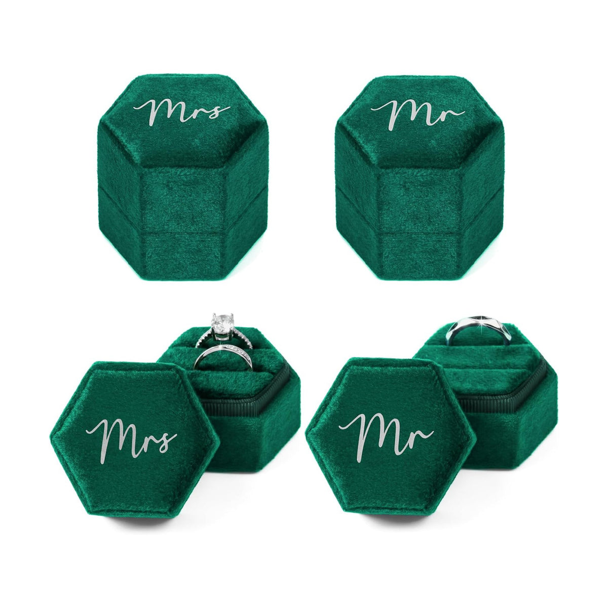 Mr & Mrs Velvet Wedding Ring Box 2 Slots Cursive Hexagon Jewelry Ring Box for Wedding Day Ceremony Bridal Photography Gift Set of 2 (Emerald Green)