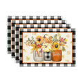 Fall Placemats Set of 4 18x12 Inch Autumn Flower Leaf Linen Place Mats Heat-Resistant Washable Wipeable Buffalo Check Plaid Table Mat for Party Kitchen Dining Room Dinner Decor