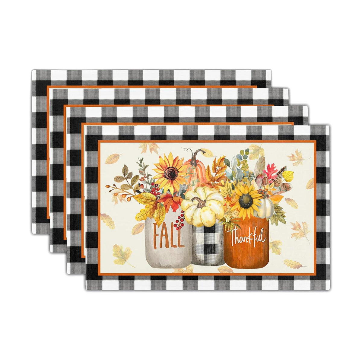 Fall Placemats Set of 4 18x12 Inch Autumn Flower Leaf Linen Place Mats Heat-Resistant Washable Wipeable Buffalo Check Plaid Table Mat for Party Kitchen Dining Room Dinner Decor