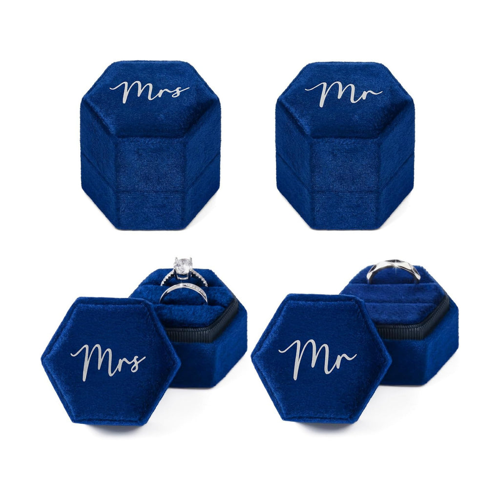 Mr & Mrs Velvet Wedding Ring Box 2 Slots Cursive Hexagon Jewelry Ring Box for Wedding Day Ceremony Bridal Photography Gift Set of 2 (Sapphire Blue)