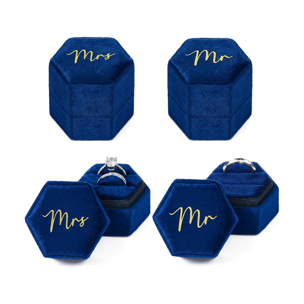 Mr & Mrs Velvet Wedding Ring Box 2 Slots Cursive Hexagon Jewelry Ring Box for Wedding Day Ceremony Bridal Photography Gift Set of 2 (Sapphire Blue)