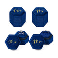 Mr & Mrs Velvet Wedding Ring Box 2 Slots Cursive Hexagon Jewelry Ring Box for Wedding Day Ceremony Bridal Photography Gift Set of 2 (Sapphire Blue)