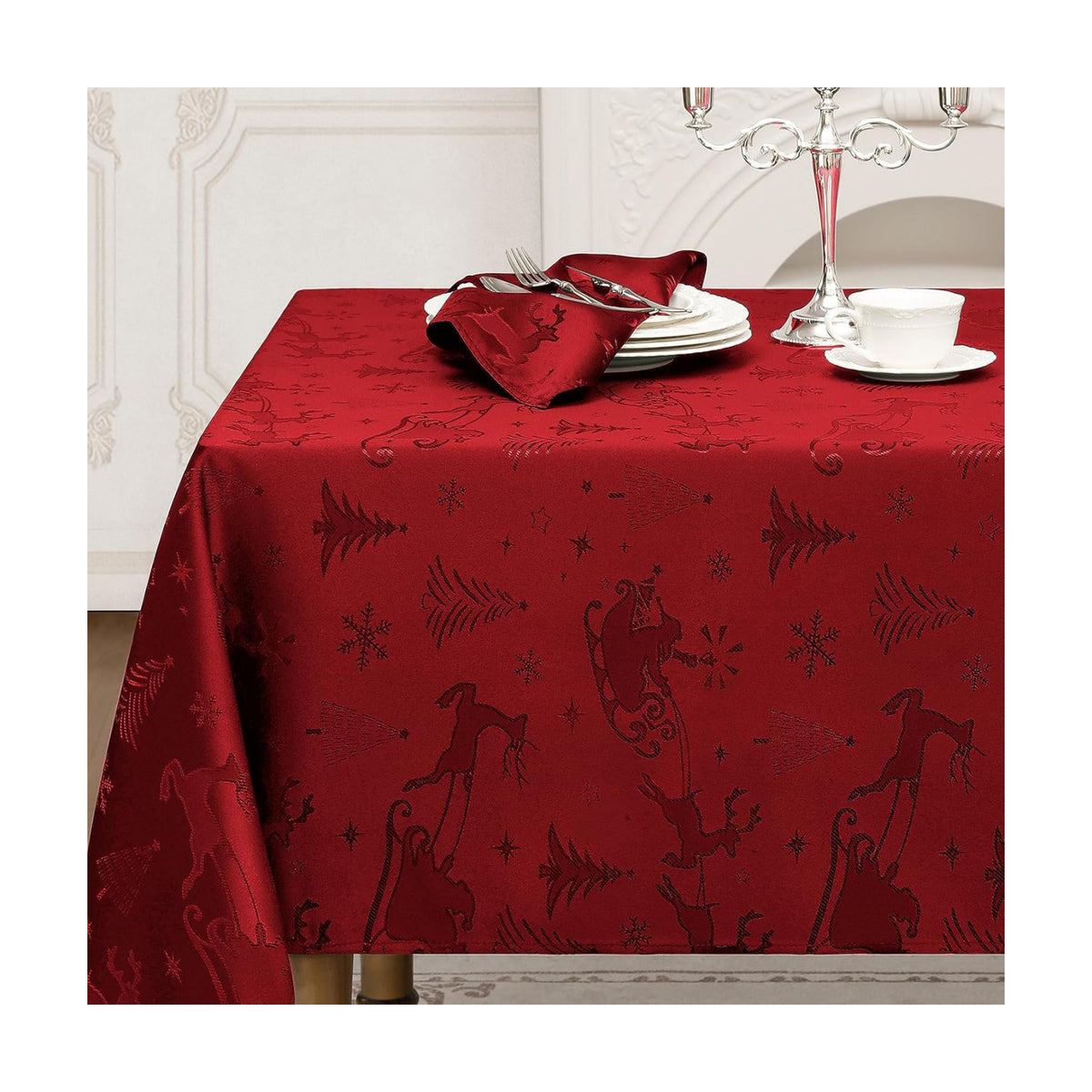 Romanstile Christmas Jacquard Rectangle Tablecloth, Red Xmas Deer and Tree