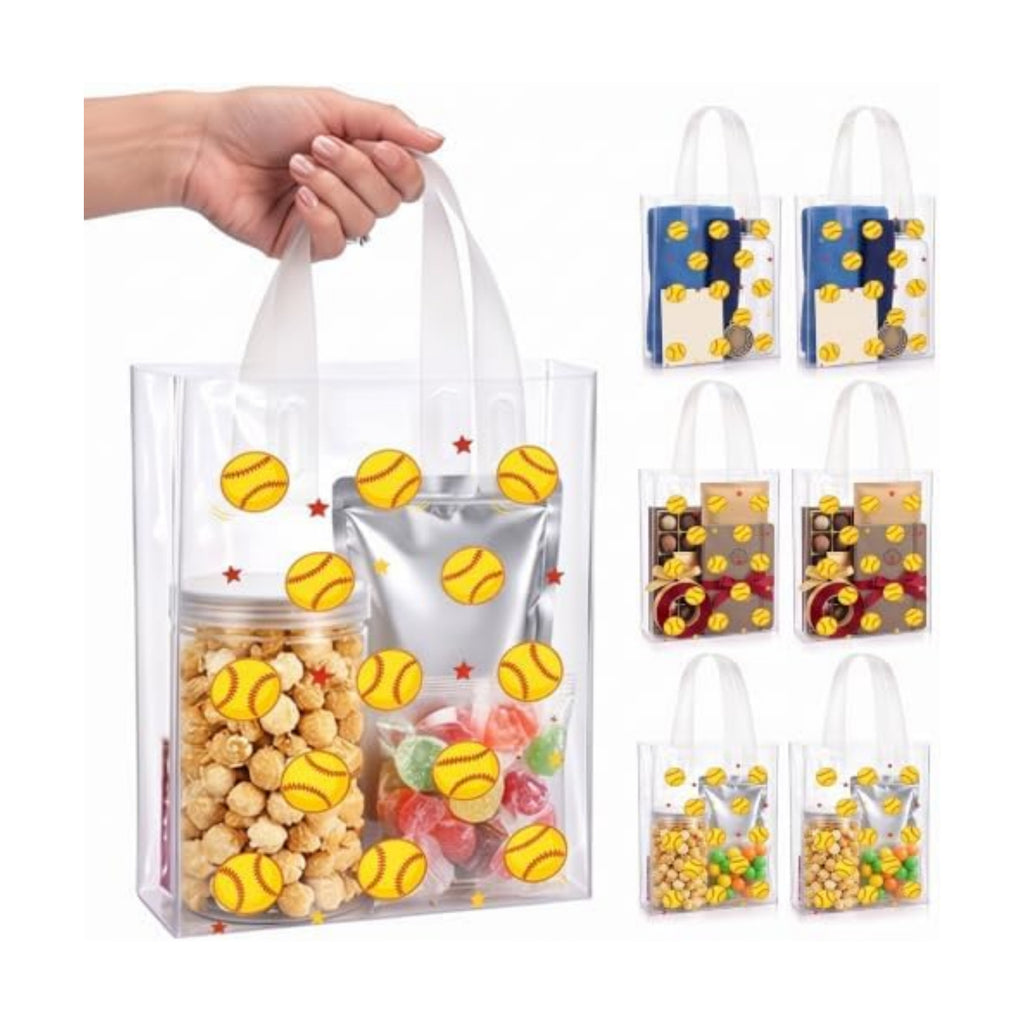 Pajean 12 Pcs Softball Plastic Gift Bags with Handles, 5.9 x 8.7 x 3.1 Inch Baseball Theme PE Treat Bags, Yellow Sport Candy Goodie Pouches for Classroom Exchange, Party Favor, Sports Event Supplies