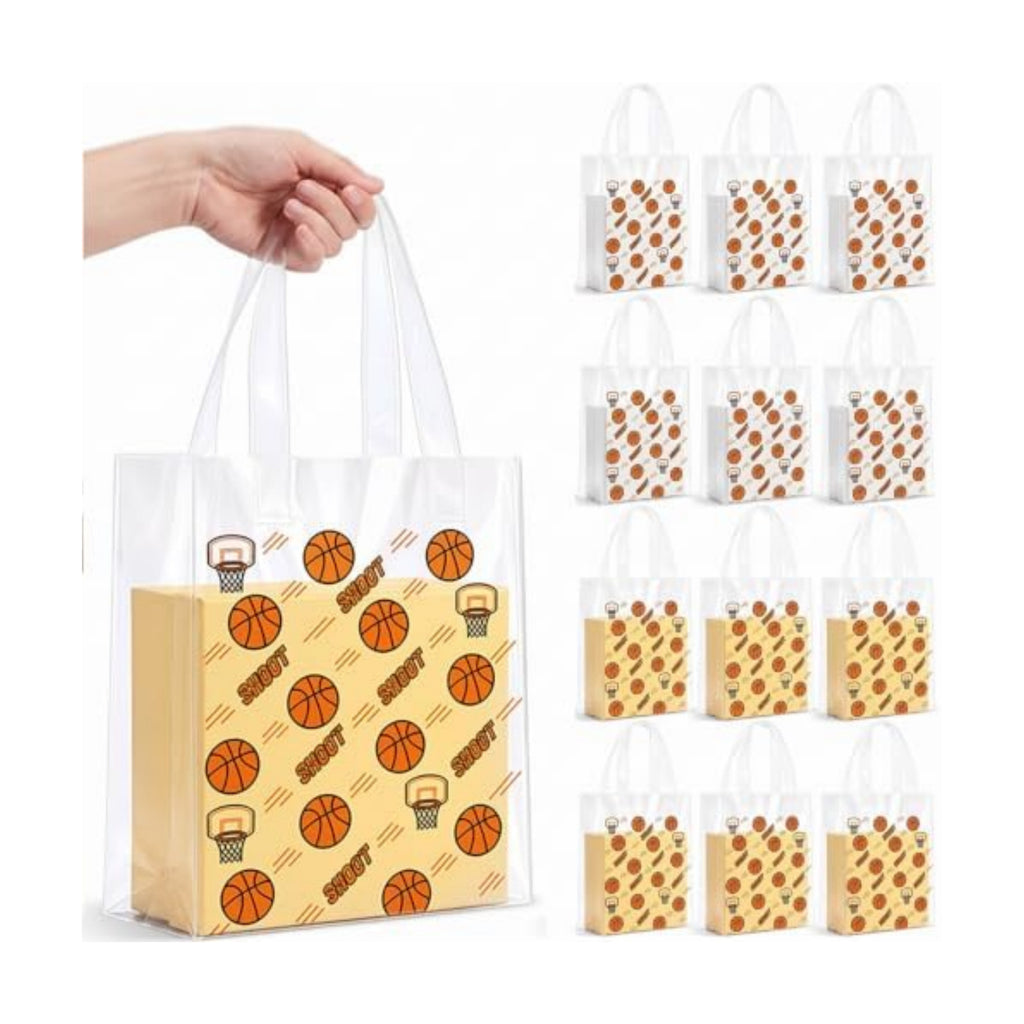 Pajean 24 Pcs Basketball Party Favors Plastic Gift Bags with Handles, 5.9 x 8.7 x 3.1 Inch Basketball Birthday PE Treat Bags, Sport Goody Bag for Classroom Exchange, Sports Event Supplies Decoration