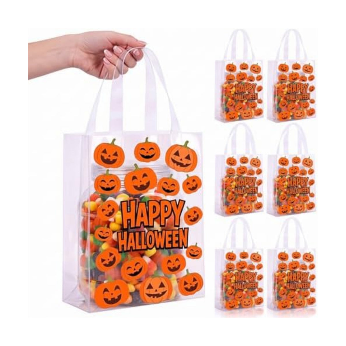 Pajean 25 Pcs Halloween Plastic Gift Bags with Handles, Cute Pumpkin Bags