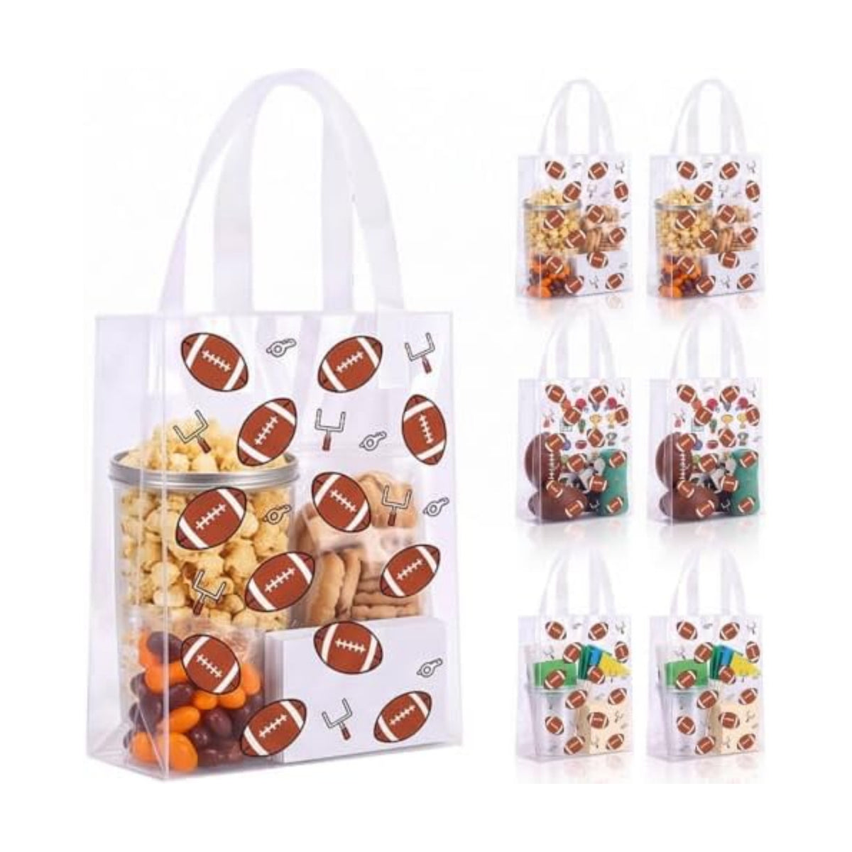Pajean 24 Pcs Football Plastic Gift Bags with Handles, 5.9 x 8.7 x 3.1 Inch Rugby PE Treat Bags, Brown Football Theme Goodie Pouches for Classroom Exchange, Sport Game Day Party Supplies Decoration