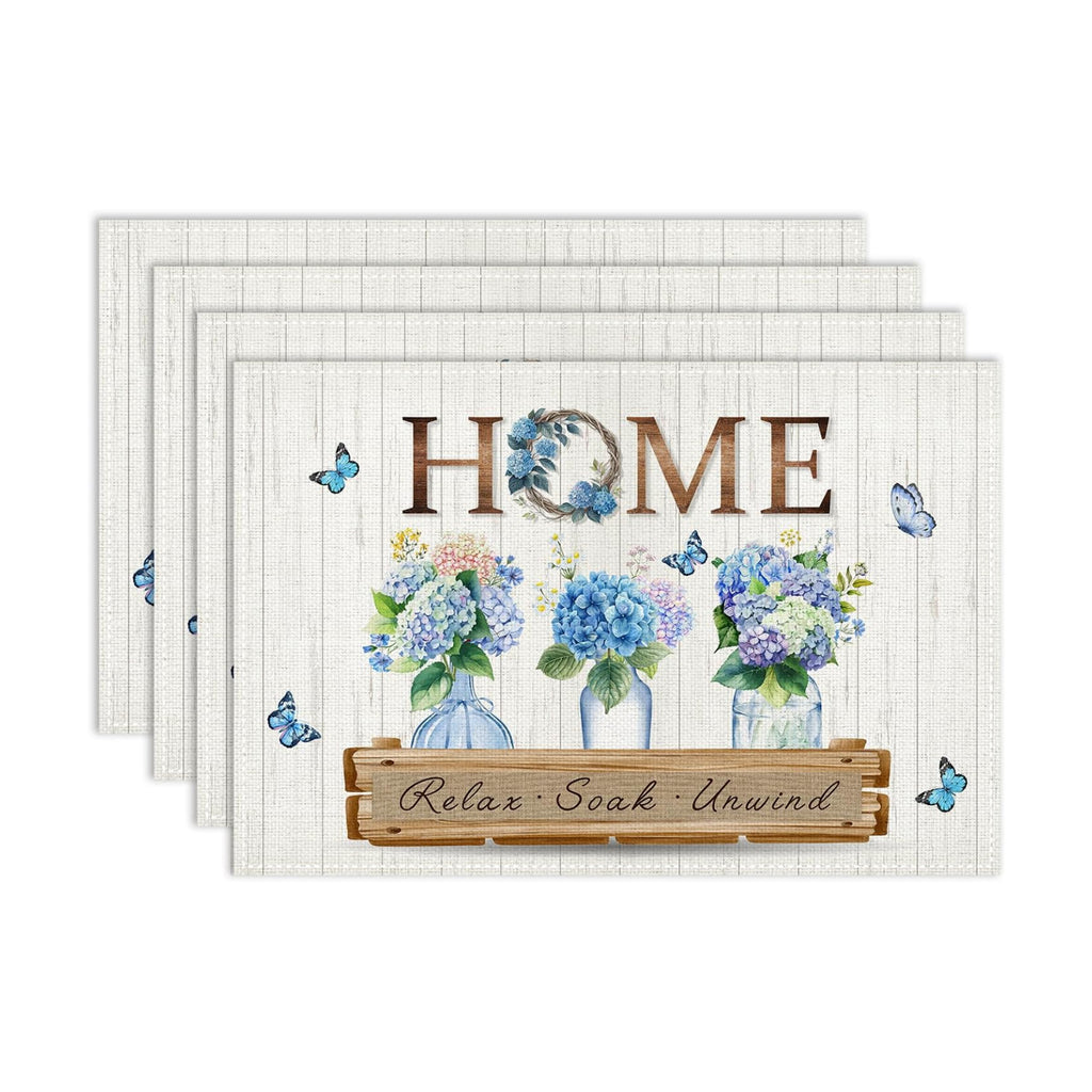 Blue Floral Placemats Set of 6, 12x18 Inch Spring Flower Hydrangea Butterfly Rustic Sweet Home Wooden Plank Seasonal Farmhouse Holiday Cafe Table Mats for Party Kitchen Dining Decoration