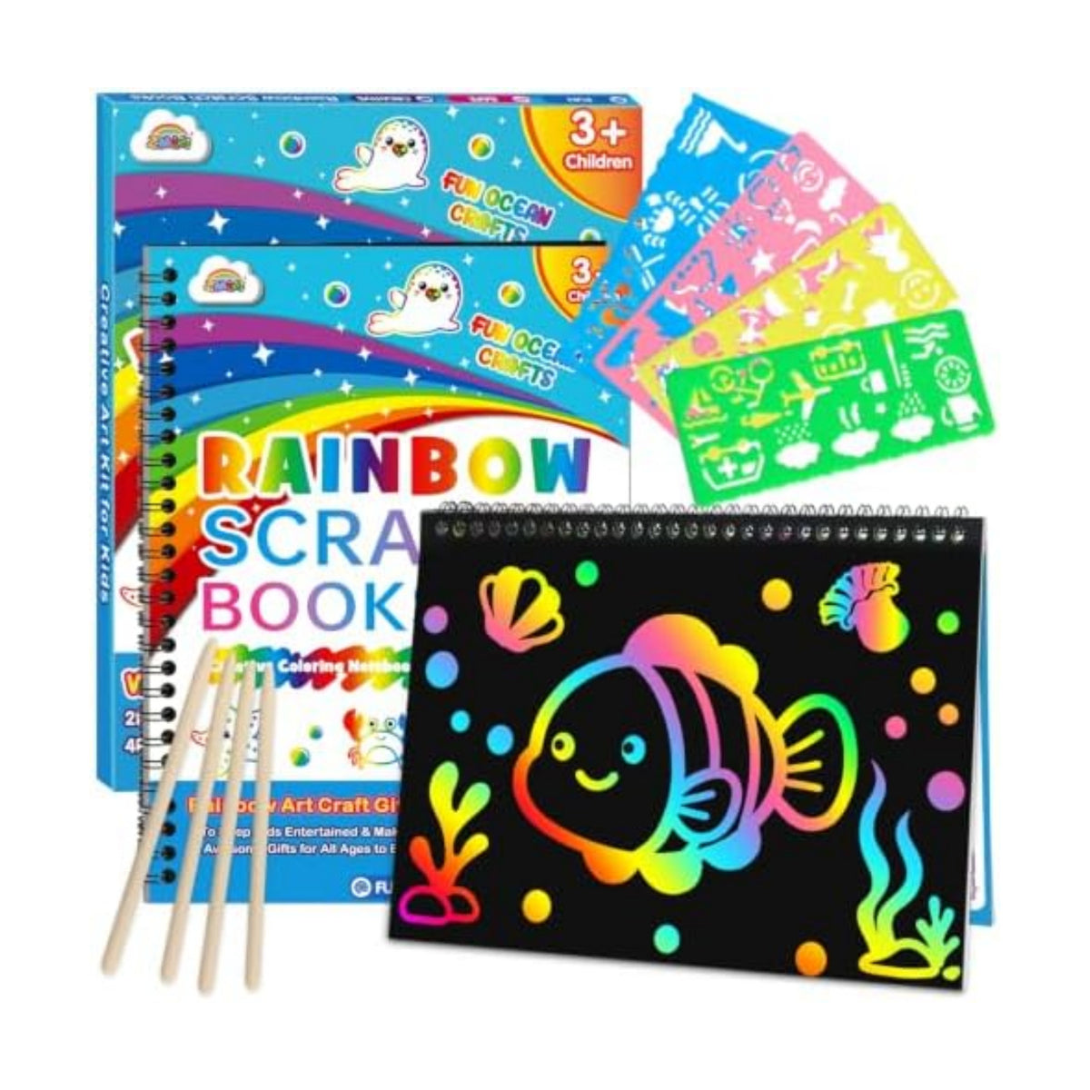 ZMLM Scratch Paper Art Craft: 2 Pack Rainbow Scratch Set for 3 4 5 6 7 8 9 10 Years Old Girls Boys Students Drawing Coloring Black Magic Art Supplies Kits Gifts School Birthday Party Toys (Ocean)