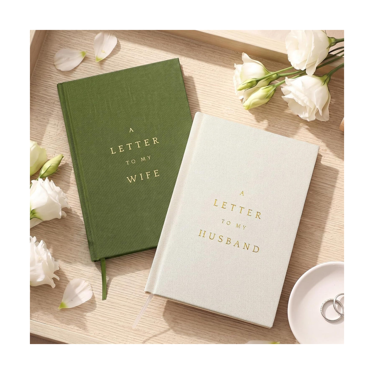 Set of 2 Wedding Vow Books His and Hers,Stylish, White & Green