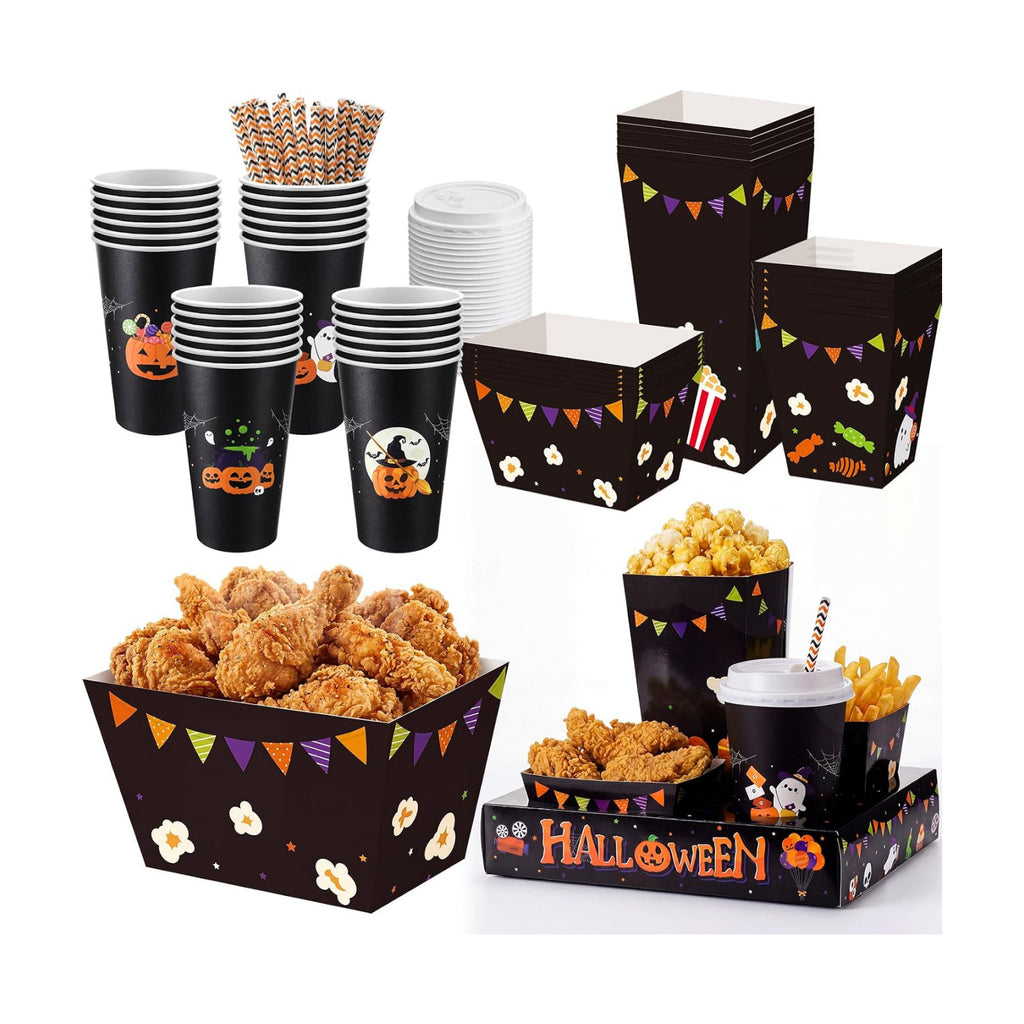 Bokon 172 Pcs/ 24 Sets of Halloween Movie Night Snack Trays Trick or Treat Summer Halloween 3 Sizes Snack Popcorn Boxes, 16 oz Disposable Drinks Cups, 50 Straws, Sealing Stickers for Party Decoration