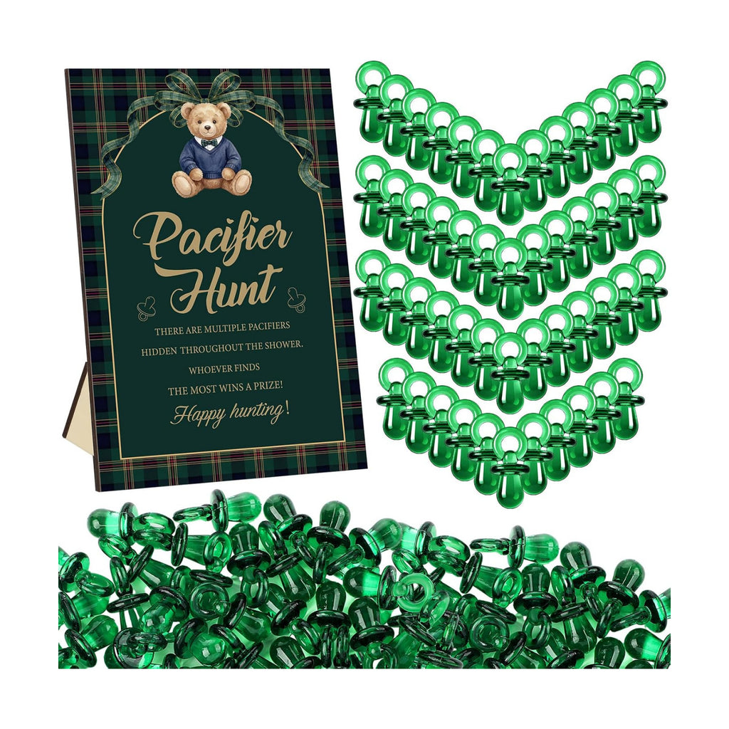 Thyle 51 Pcs Blue Green Tartan Plaid Baby Shower Games We Can Bearly Wait Pacifier Hunt Include Hunt Sign and 50 Acrylic Pacifiers for Baby Shower Game Decoration Gift Sets Gender Reveal Party Decor