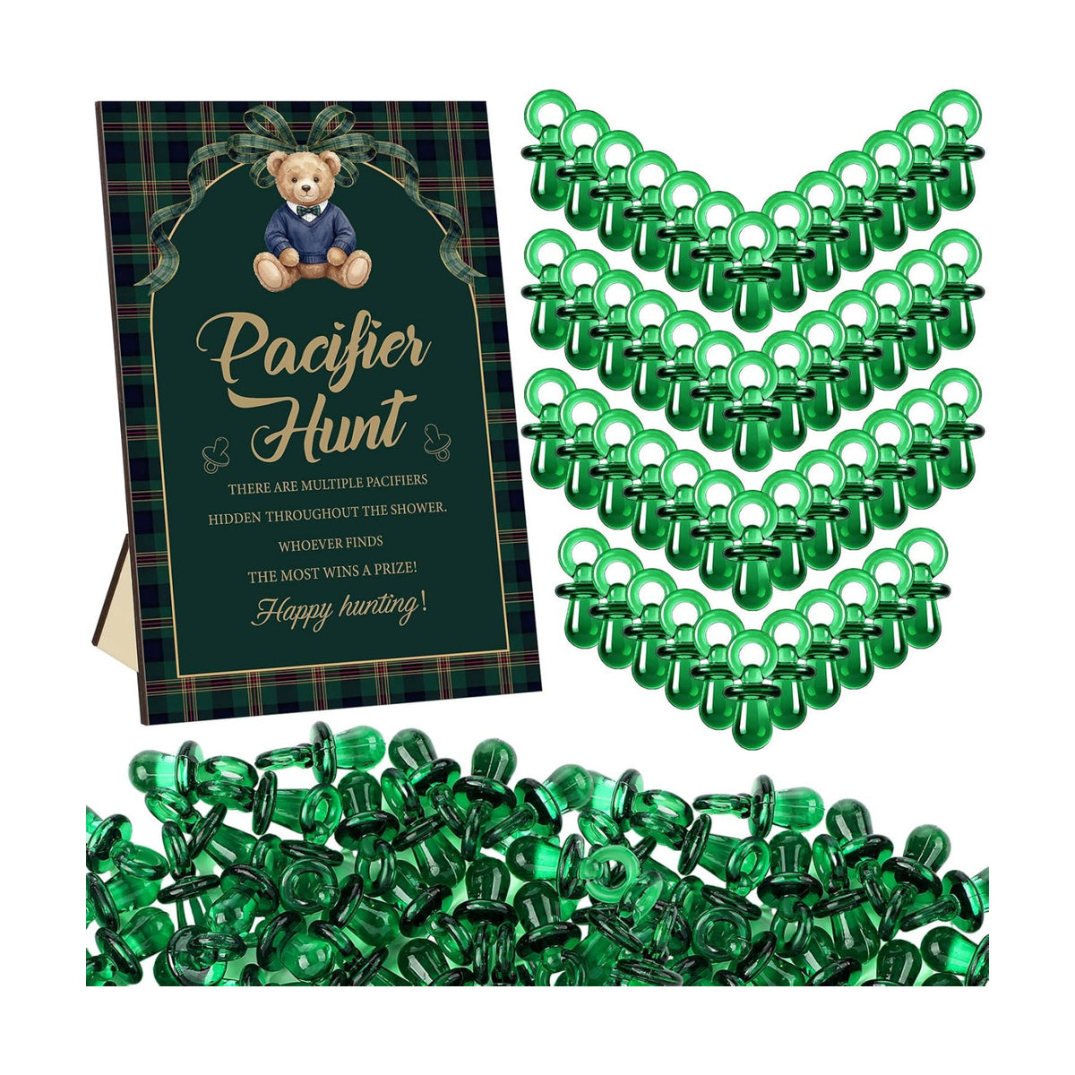 Thyle 51 Pcs Blue Green Tartan Plaid Baby Shower Games We Can Bearly Wait Pacifier Hunt Include Hunt Sign and 50 Acrylic Pacifiers for Baby Shower Game Decoration Gift Sets Gender Reveal Party Decor