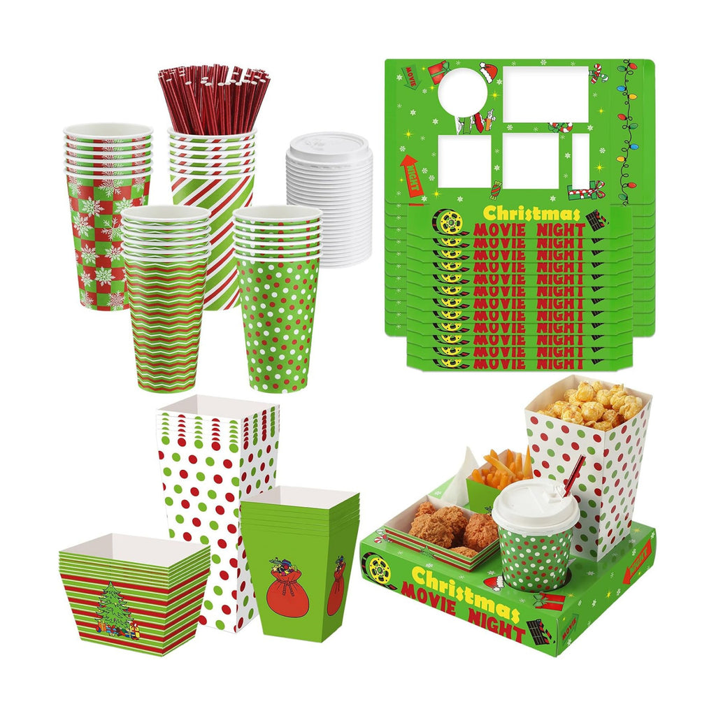 Bokon 172 Pcs/ 24 Sets of Christmas Movie Night Snack Trays Red and Green