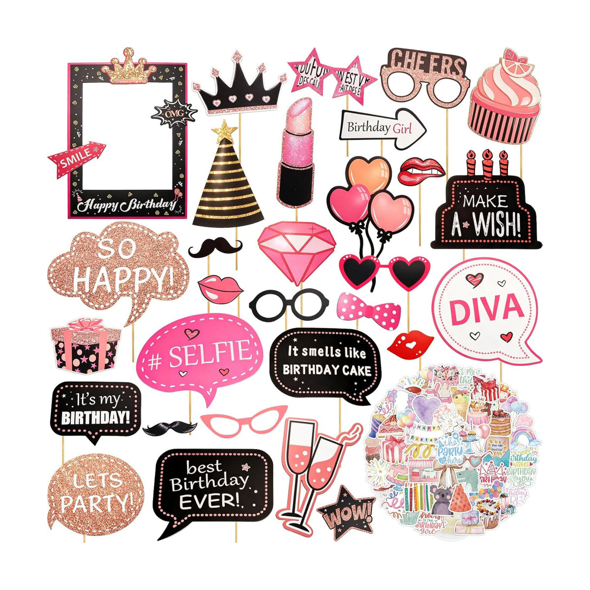 80Pcs Premium Birthday Photo Booth Props with 50Pcs Birthday Stickers