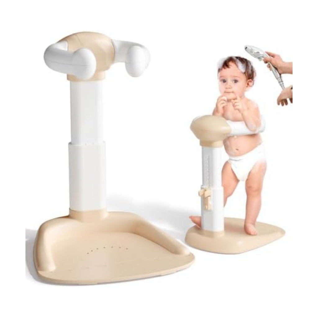 COOSEYA® Baby Shower Stand, Toddler Bath Stand Support with Thicker Colum, Anti-Pinch, Anti-Slip Base, Adjustable Shower Holder for Toddler Standing (Khaki)