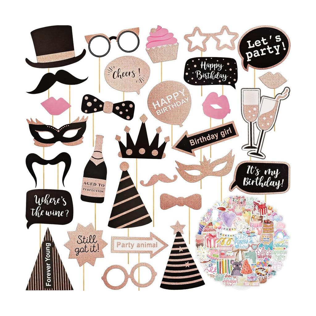 80Pcs Premium Birthday Photo Booth Props with 50Pcs Birthday Stickers