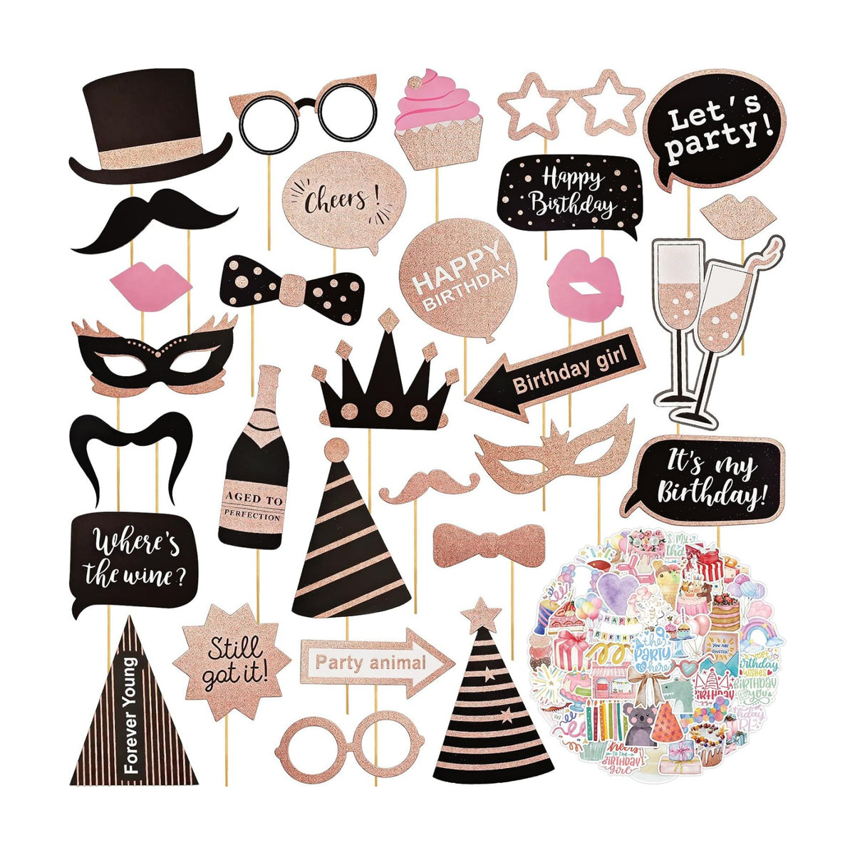 80Pcs Premium Birthday Photo Booth Props with 50Pcs Birthday Stickers