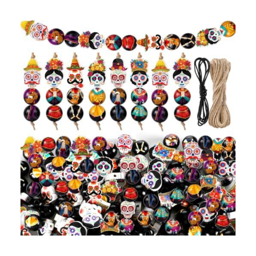 Cinnvoice 240 Pcs Holiday Wood Beads with Twine,Day of the Dead