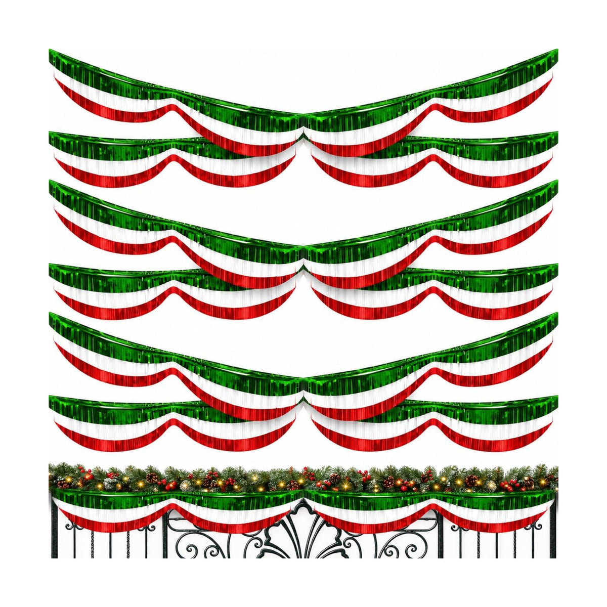 6 Pcs 40 Ft Christmas Foil Fringe Bunting,Red Green Tinsel Streamers Banner