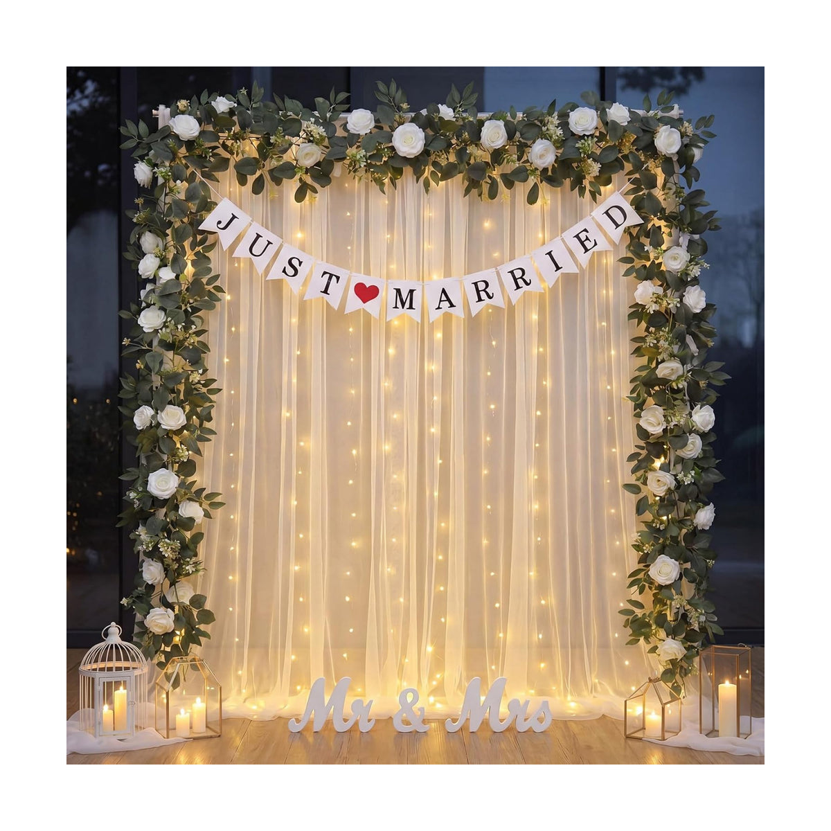 5 Pcs Just Married Decorations Kit, All-in-one Wedding Decor with 10.5 x 8.2ft White Tulle Backdrop with Lights, Mr and Mrs Sign, 2 Flower Garlands, Wedding Banner for Reception, Party
