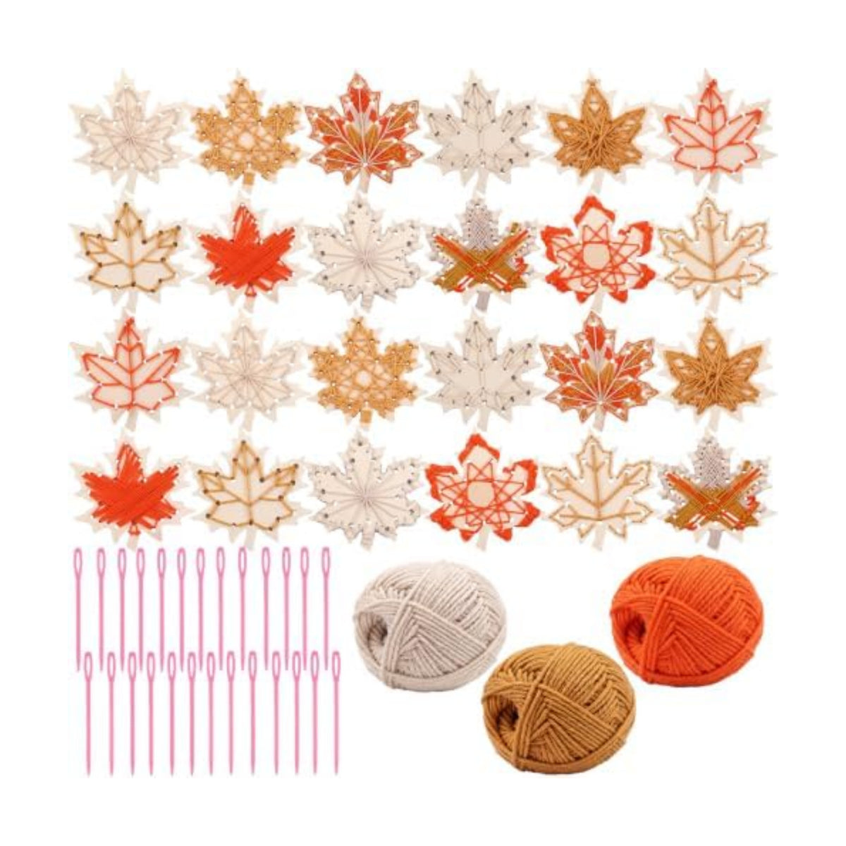Kathfly 24 Set Fall Wooden Craft Kit Maple Leaf String Craft Ornaments with Yarn and Plastic Weaving Tools DIY Art Hanging Decorations for Classroom Fall Thanksgiving Party Favors Home Activities