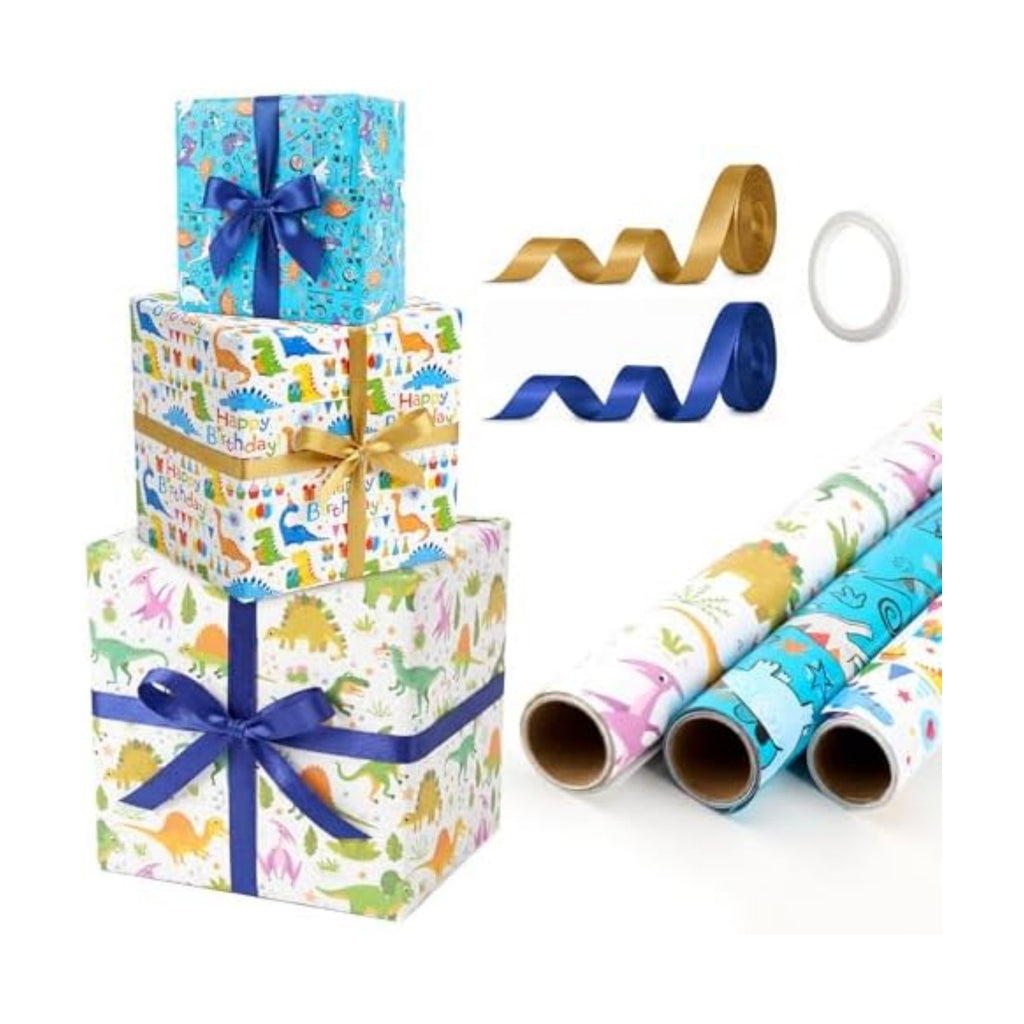 Bafeil Dinosaur Wrapping Paper Birthday Boy Roll Set - 3 Rolls