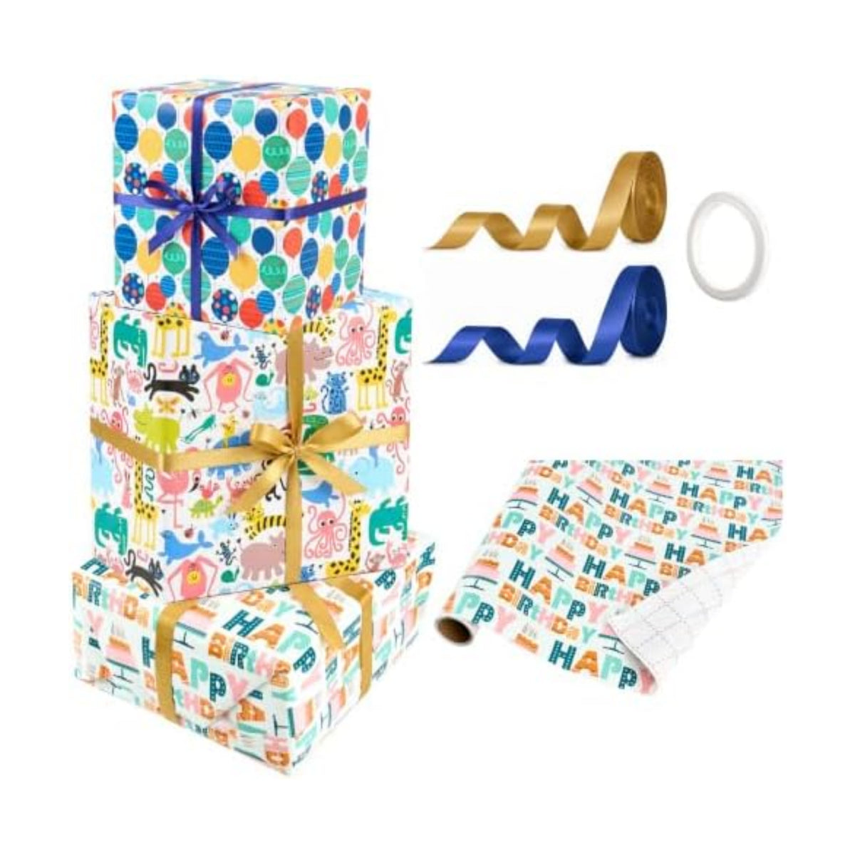 Bafeil Happy Birthday Wrapping Paper Roll Set 3 Roll with Cutting Line