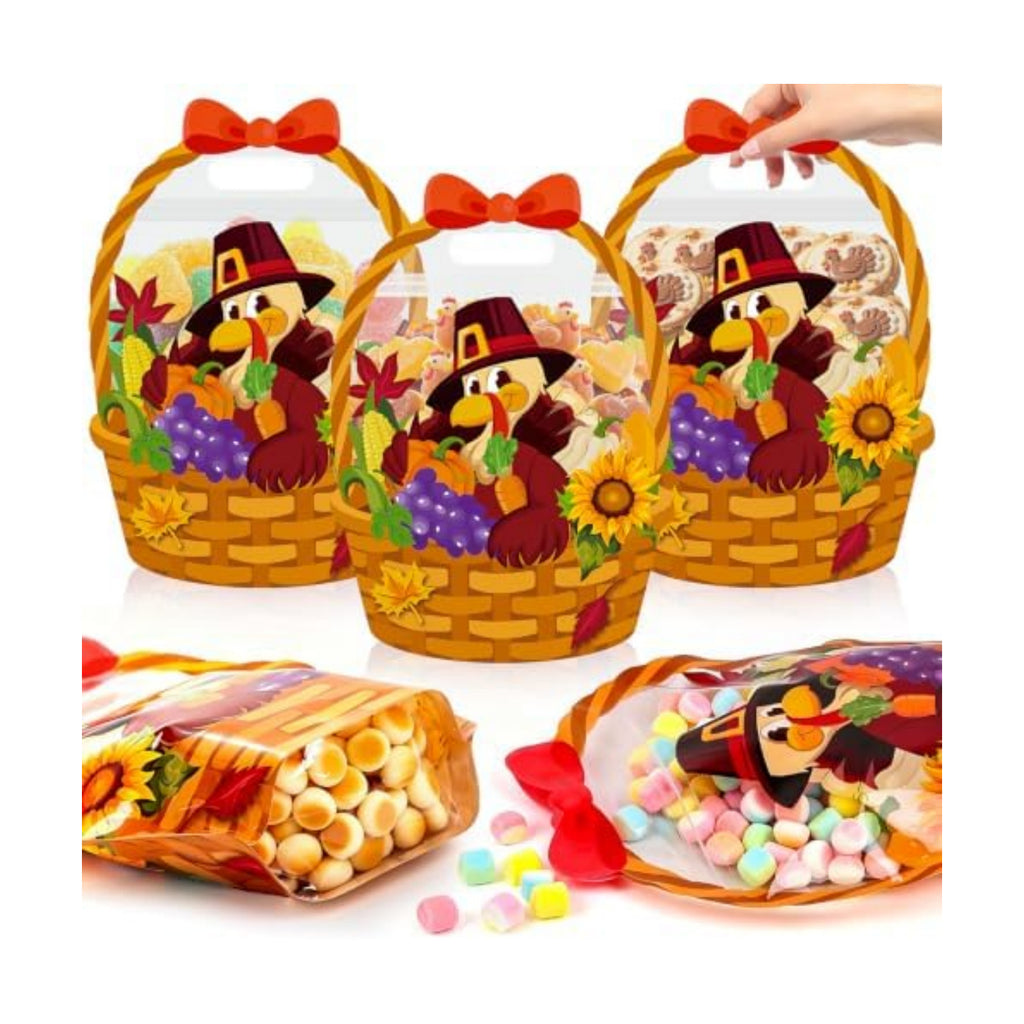 FOIMAS 50pcs Thanksgiving Bags Plastic Fall Goodie Bags with Handles Ziplock Basket Resealable Candy Bag for Thanksgiving Harvest Holiday Party Gift Wrapping Supplies Decoration Favor