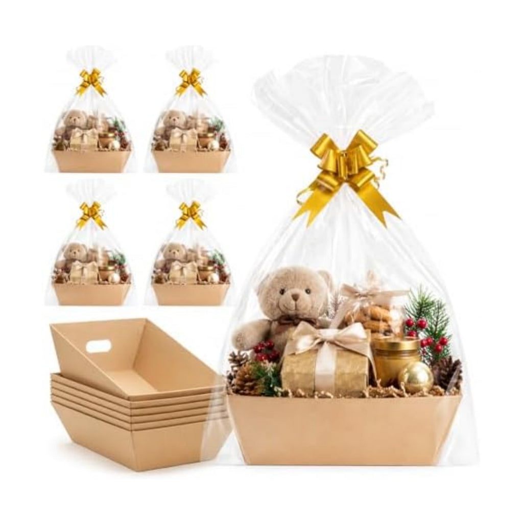 CDIVEFTN Kraft Empty Gift Baskets, 5 Pack 12x10 in with Bags and Bows