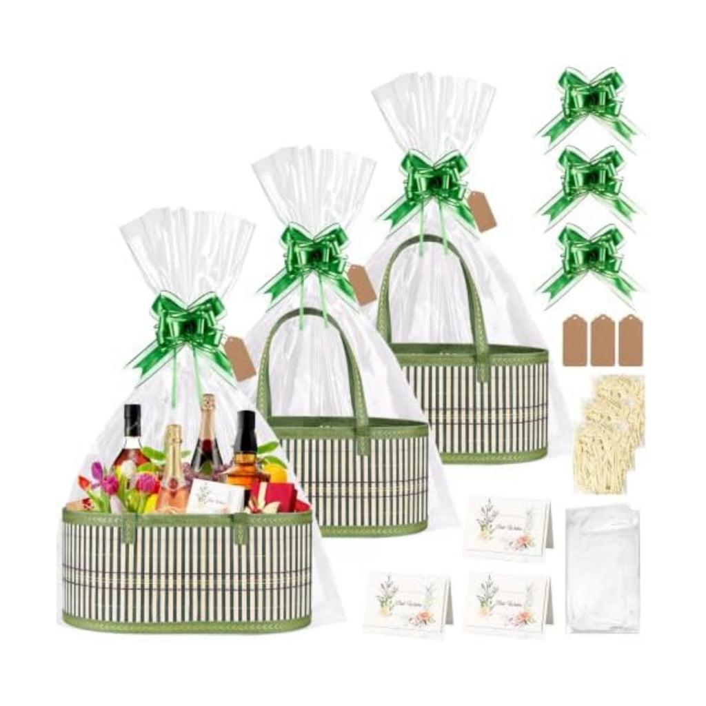 Dreamtop 3 Set Baskets for Gifts Empty, Woven Bamboo Gift Basket Empty Large with Handles, Sturdy Gift Basket Kit Empty to Fill for Christmas Birthday Baby Shower Wedding Gift (Green)