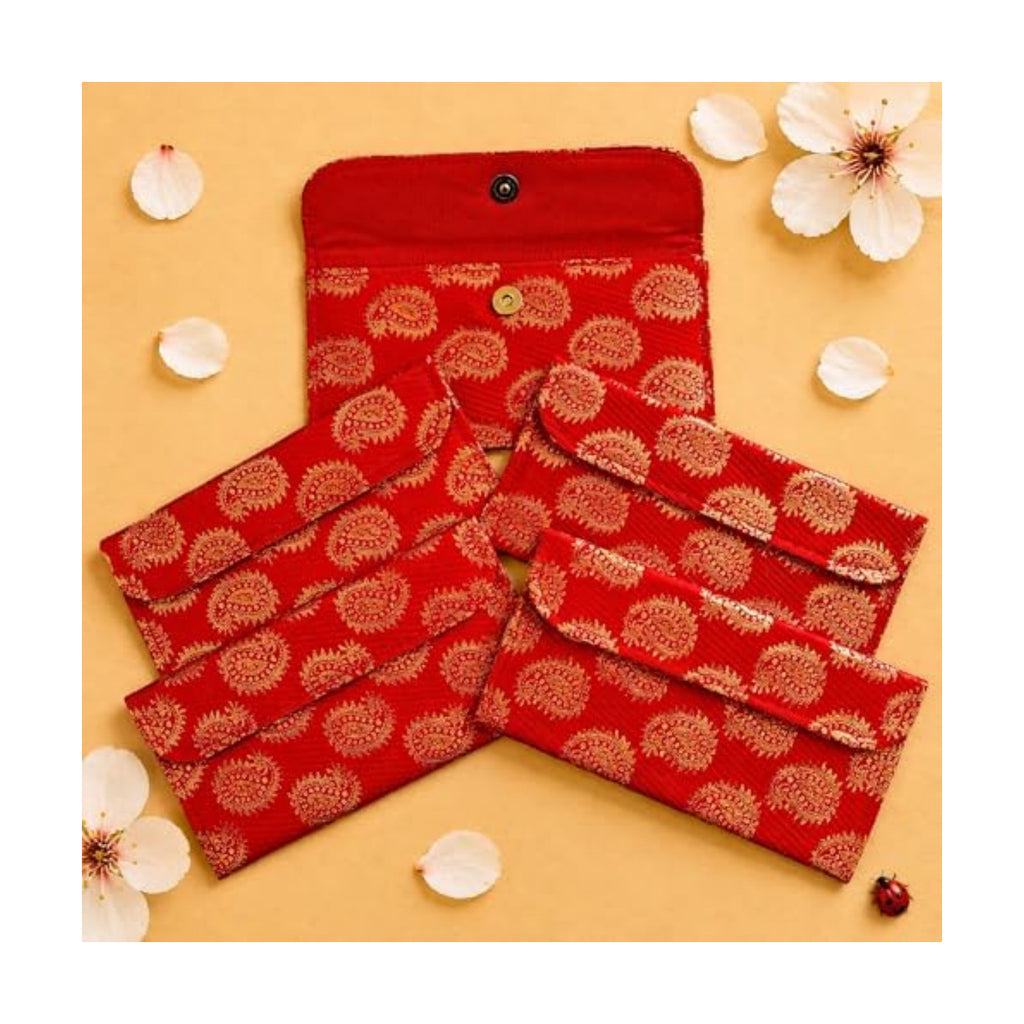 LoveNspire Brocade Fabric Money Envelopes (7.5 x 3.5 Inch) Decorative Paisley Pattern Shagun Lifafa for Indian Wedding, Birthday | Cash Gift Holder & Home Savings Organizer Red/Pack of 20