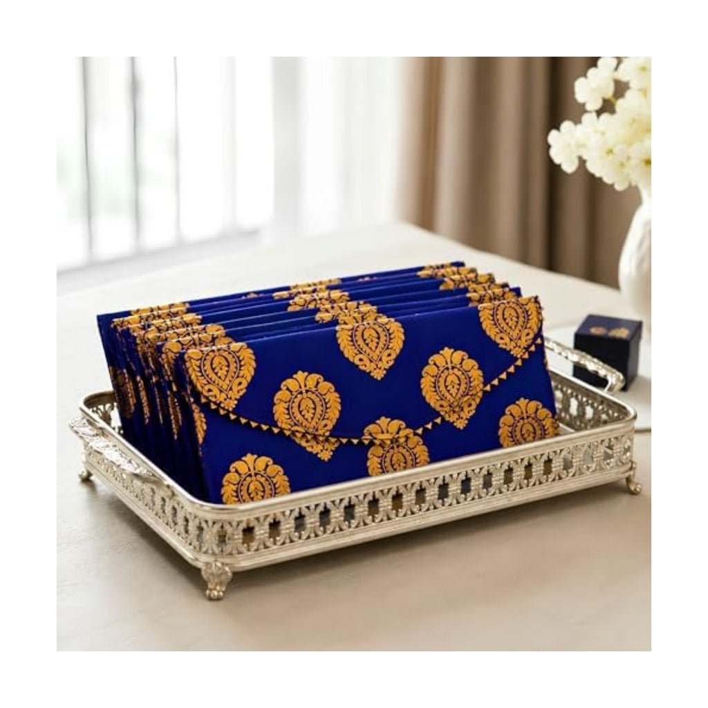 LoveNspire Brocade Fabric Money Envelopes (8 x 4 Inch) Decorative Floral Pattern Shagun Lifafa for Indian Wedding, Birthday | Cash Gift Holder & Home Savings Organizer Blue/Pack of 20
