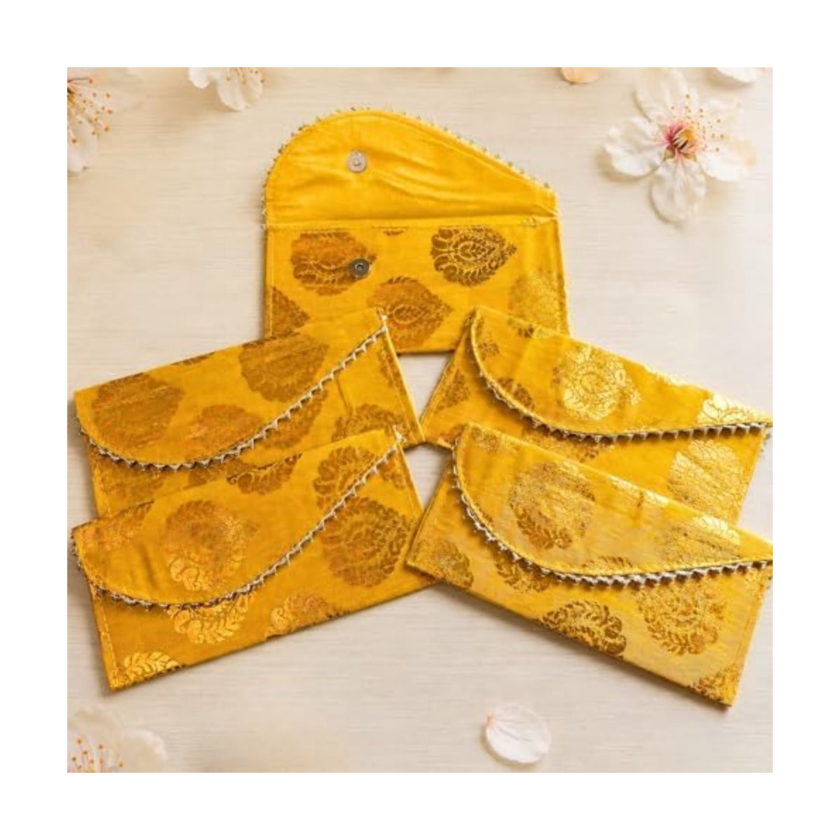 LoveNspire Brocade Fabric Money Envelopes (8 x 4 Inch) Decorative Floral Pattern Shagun Lifafa for Indian Wedding, Birthday | Cash Gift Holder & Home Savings Organizer Yellow/Pack of 20