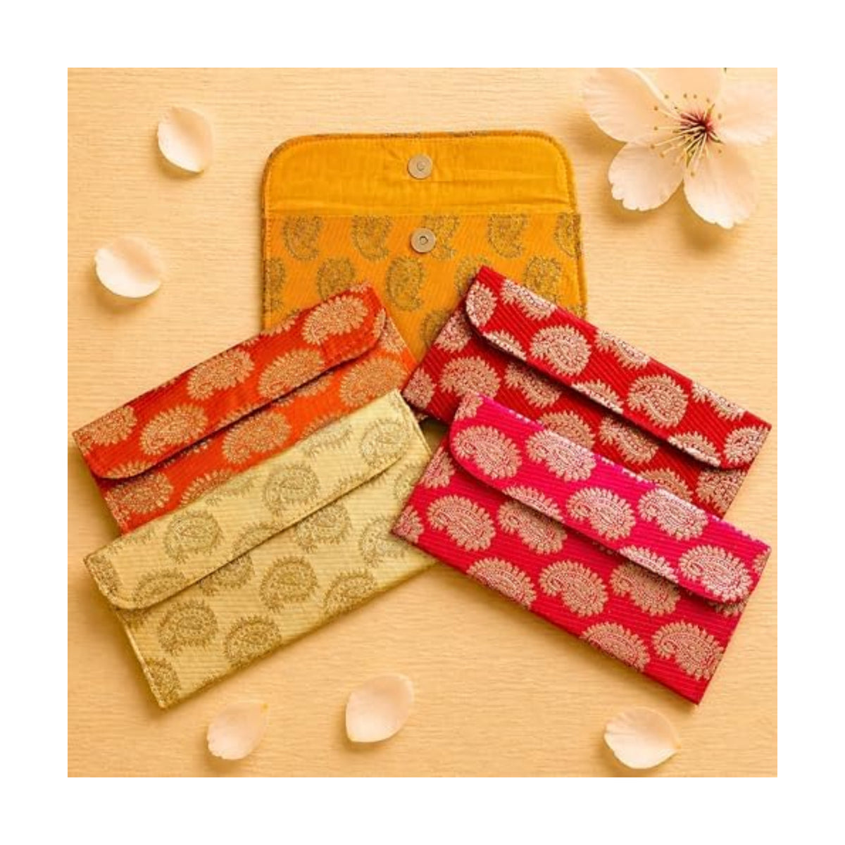 LoveNspire Brocade Fabric Money Envelopes (7.5 x 3.5 Inch) Decorative Paisley Pattern Shagun Lifafa for Indian Wedding, Birthday | Cash Gift Holder & Home Savings Organizer Assorted/Pack of 5