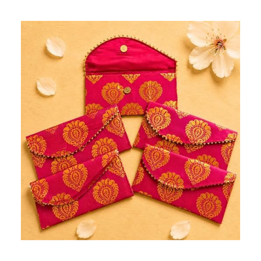 LoveNspire Brocade Fabric Money Envelopes (8 x 4 Inch) Decorative Floral Pattern Shagun Lifafa for Indian Wedding, Birthday | Cash Gift Holder & Home Savings Organizer Magenta/Pack of 20