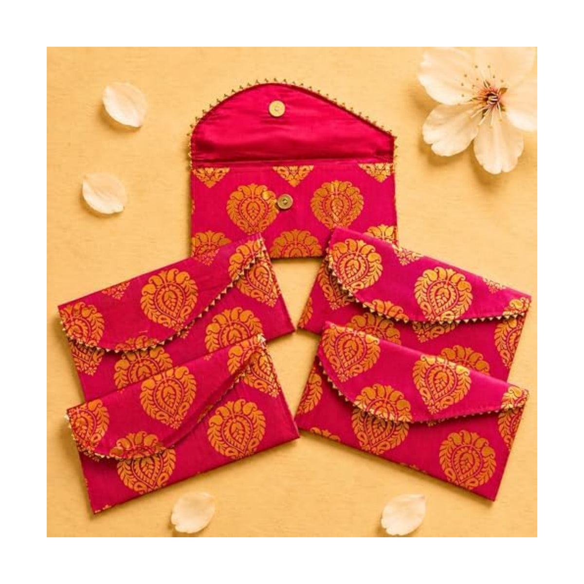 LoveNspire Brocade Fabric Money Envelopes (8 x 4 Inch) Decorative Floral Pattern Shagun Lifafa for Indian Wedding, Birthday | Cash Gift Holder & Home Savings Organizer Magenta/Pack of 20