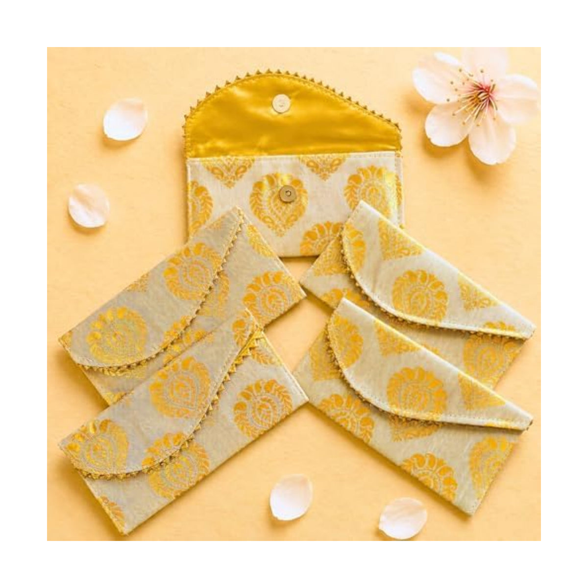 LoveNspire Brocade Fabric Money Envelopes (8 x 4 Inch) Decorative Floral Pattern Shagun Lifafa for Indian Wedding, Birthday | Cash Gift Holder & Home Savings Organizer Beige/Pack of 20