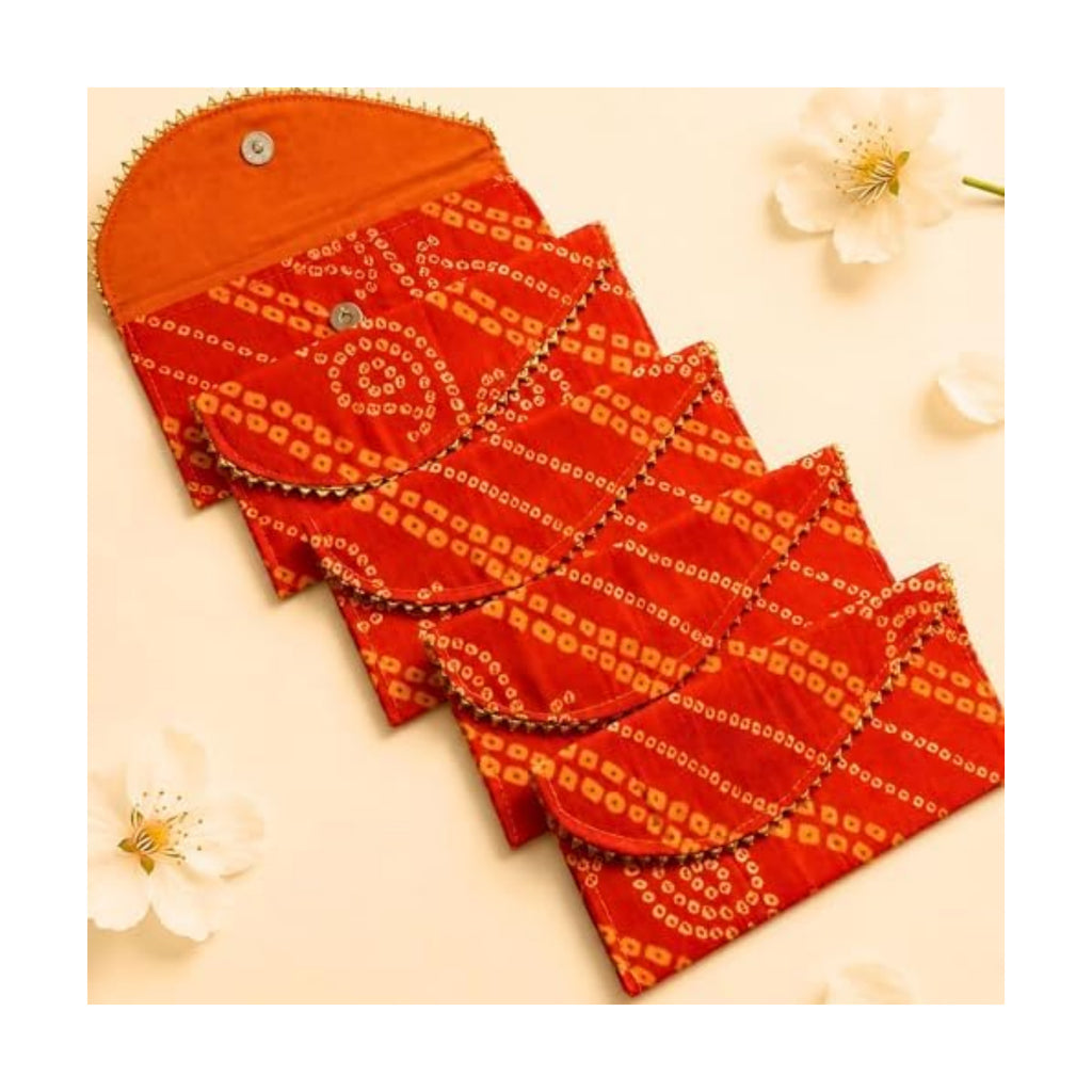 LoveNspire Brocade Fabric Money Envelopes (7.5 x 3.5 Inch) Decorative Bandhani Pattern Shagun Lifafa for Indian Wedding, Birthday | Cash Gift Holder & Home Savings Organizer Orange/Pack of 10