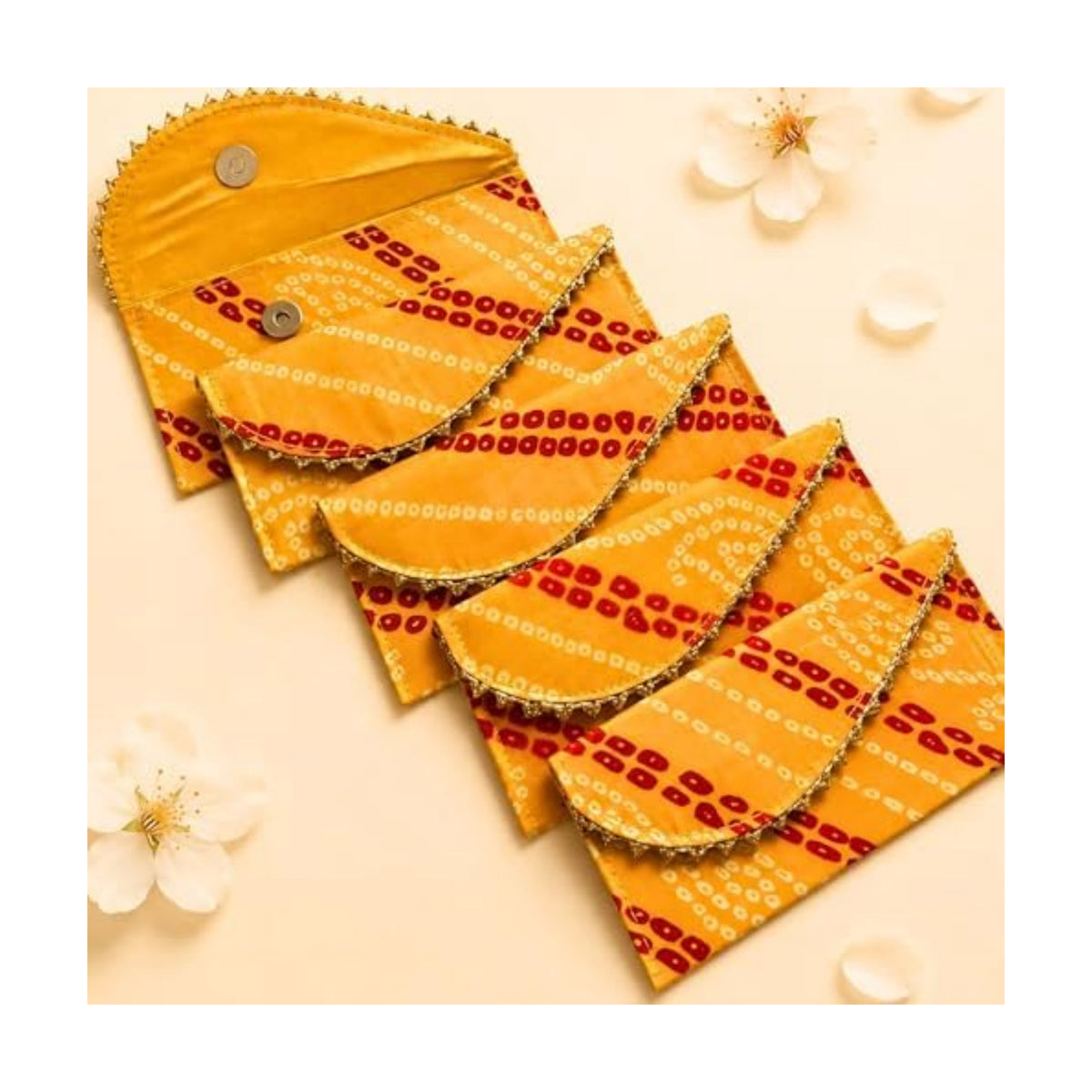 LoveNspire Brocade Fabric Money Envelopes (7.5 x 3.5 Inch) Decorative Bandhani Pattern Shagun Lifafa for Indian Wedding, Birthday | Cash Gift Holder & Home Savings Organizer Yellow/Pack of 10